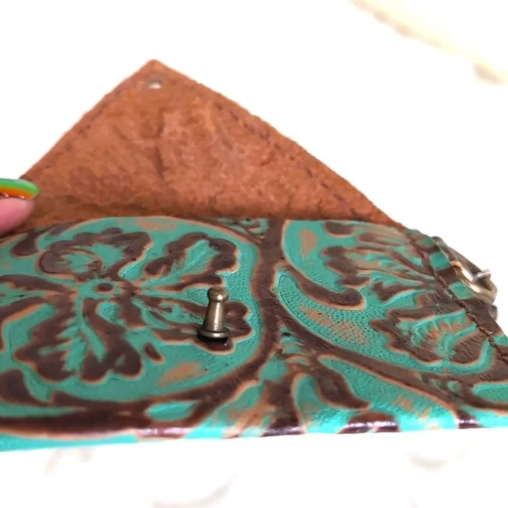 Turquoise and Brown Leather Tooled Artisan Keychain/C Card Money /Mini Wallet